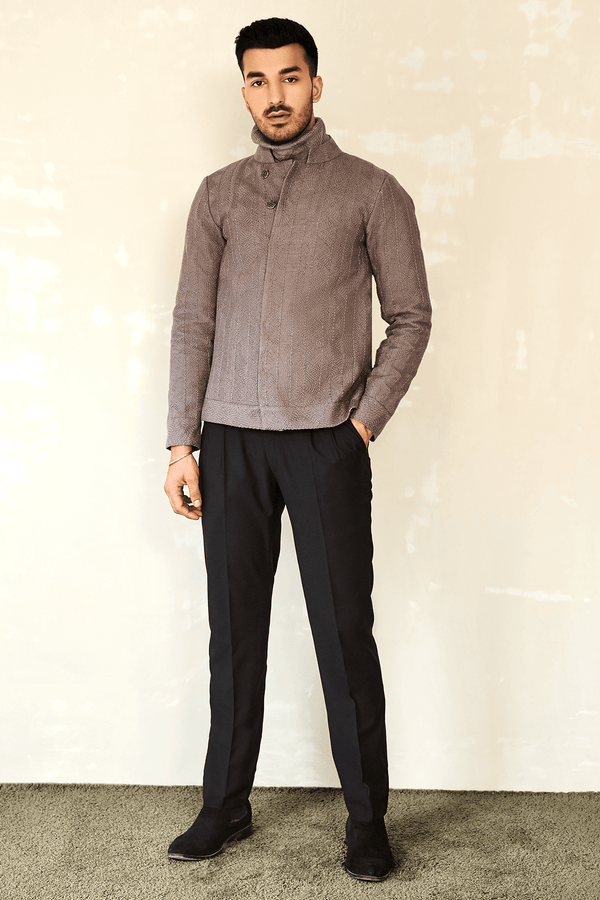 Textured Bomber Jacket with Grey Panel & Brown Trousers - Kunal Anil Tanna