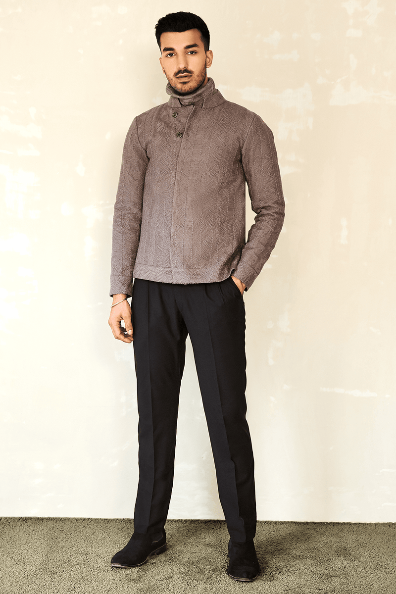 Textured Bomber Jacket with Grey Panel & Brown Trousers (Express Delivery) - Kunal Anil Tanna