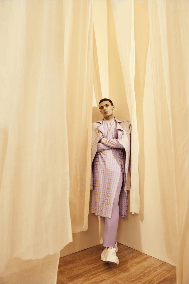 Lilac Trench Jacket, Lilac Long Poloneck Tunic with Lilac Trousers - Kunal Anil Tanna