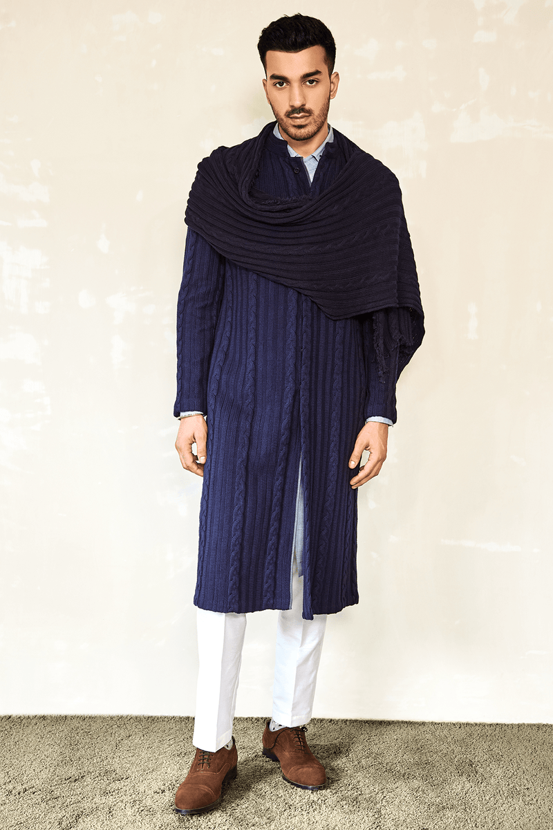 Blue Knit Achkan - Kunal Anil Tanna