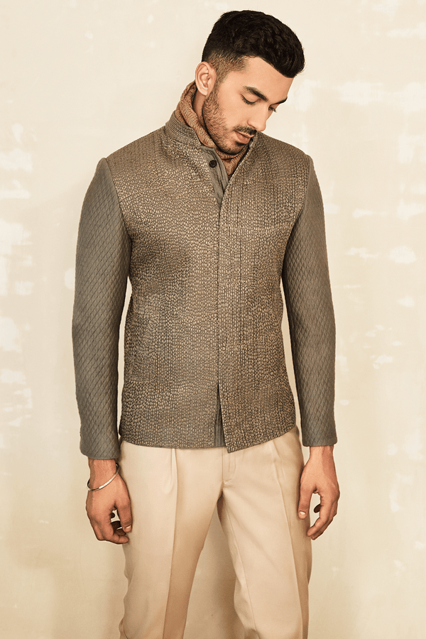 Bandhgala Quilted Jacket with Pleated Trousers - Kunal Anil Tanna