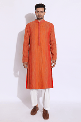Beige with red and orange thread texture kurta set (Express Delivery) - Kunal Anil Tanna