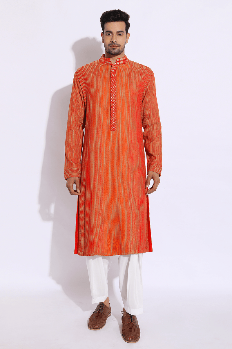 Beige with red and orange thread texture kurta set (Express Delivery) - Kunal Anil Tanna