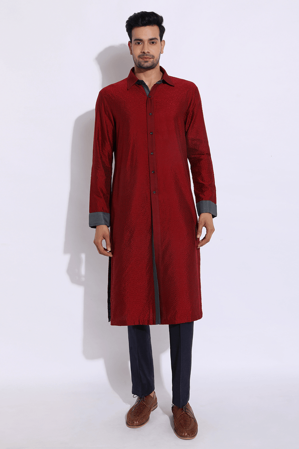 Dark red with thread texture shirt kurta set - Kunal Anil Tanna