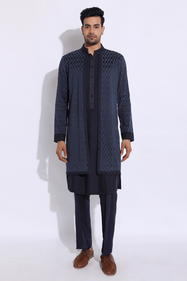 Dark Blue Mock Layered Kurta Set (Express Delivery) - Kunal Anil Tanna