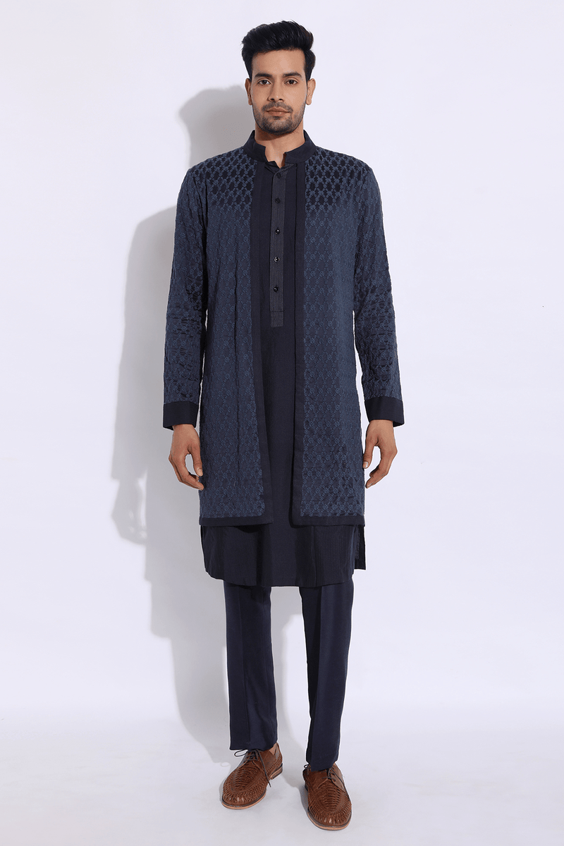 Dark Blue Mock Layered Kurta Set (Express Delivery) - Kunal Anil Tanna