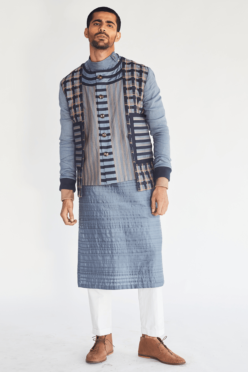 Textured Bandi Jacket with Long Kurta & Pleated Trouser - Kunal Anil Tanna