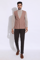 Beige textured long waist coat jacket with beige polo neck and brown trousers (Express Delivery) - Kunal Anil Tanna