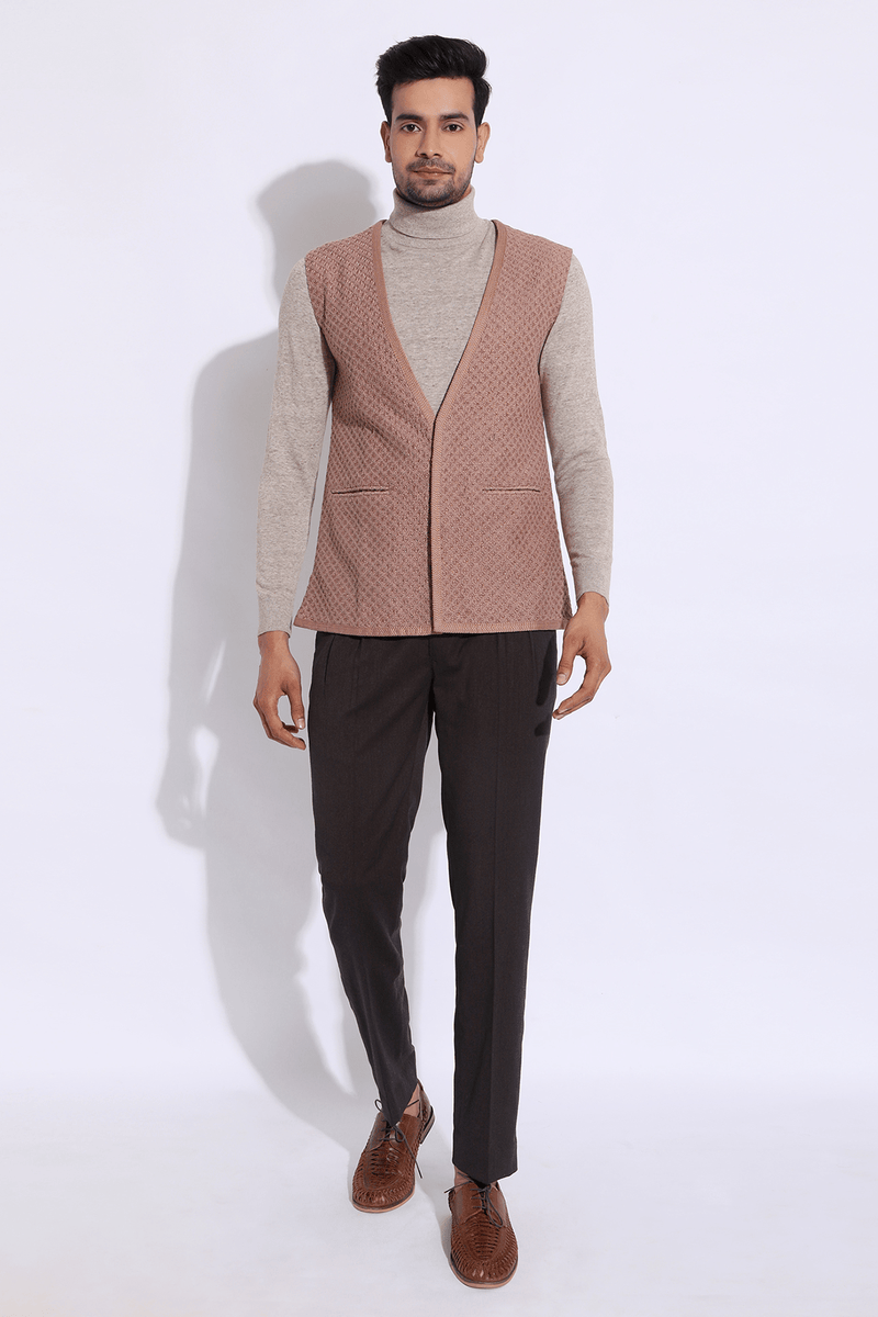 Beige textured long waist coat jacket with beige polo neck and brown trousers (Express Delivery) - Kunal Anil Tanna