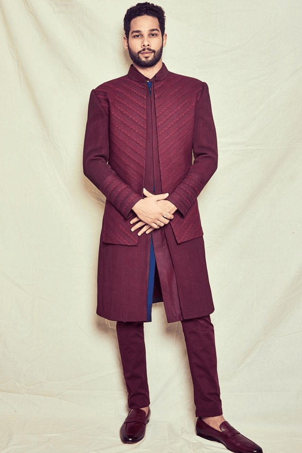 Siddhant Chaturvedi In Maroon Achkan jacket with shirt kurta and aligarhi pant - Kunal Anil Tanna