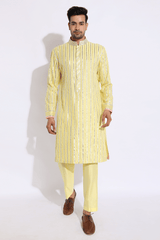 Light yellow with zari lines Kurta set (Express Delivery) - Kunal Anil Tanna