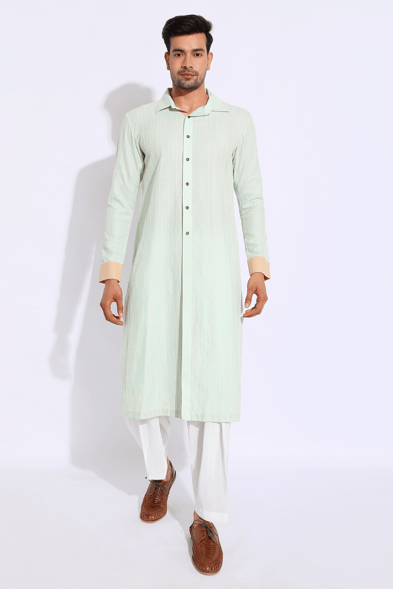 Light green with thread texture Kurta Set (Express Delivery) - Kunal Anil Tanna