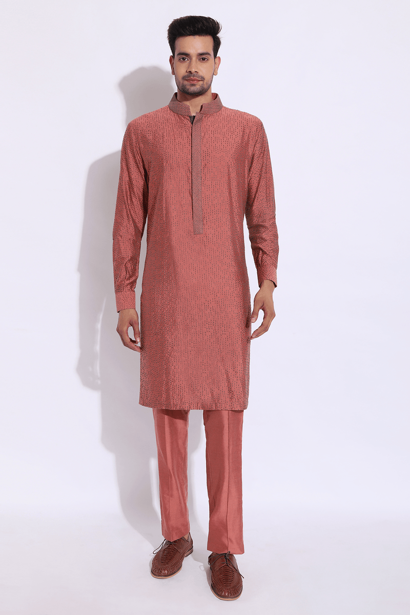 Salmon with grey thread texture Kurta Set - Kunal Anil Tanna