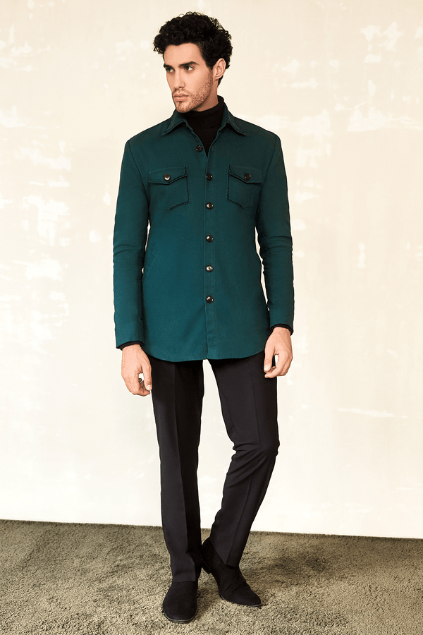 Deep Green Shacket with Black polo neck and brown pleated trousers - Kunal Anil Tanna