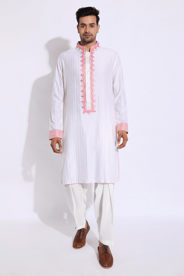 Ivory with pink pleating detail kurta set - Kunal Anil Tanna