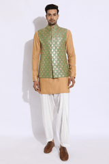 Green brocade bandi jacket with beige kurta set - Kunal Anil Tanna