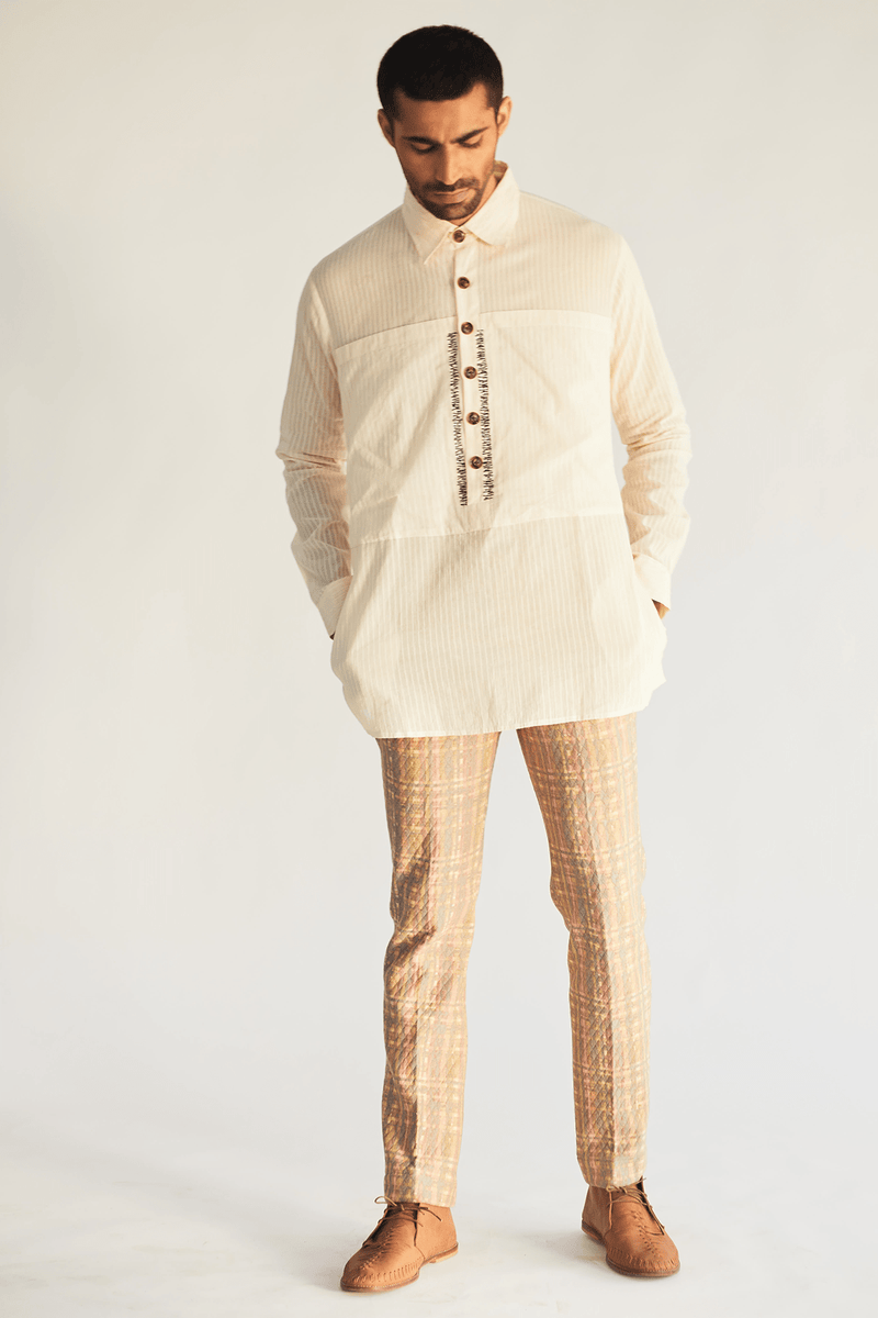 Ivory Long Shirt Jacket with Shirt and mesh faded print pants (Express Delivery) - Kunal Anil Tanna