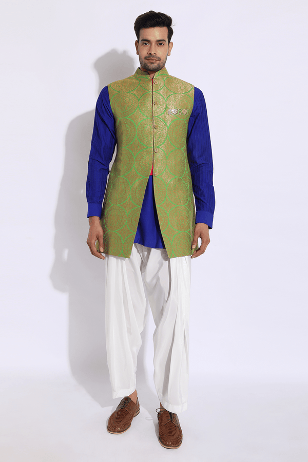 Green and dull gold brocade Jacket - Kunal Anil Tanna