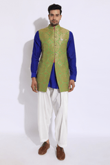 Green brocade bandi jacket with blue kurta set - Kunal Anil Tanna