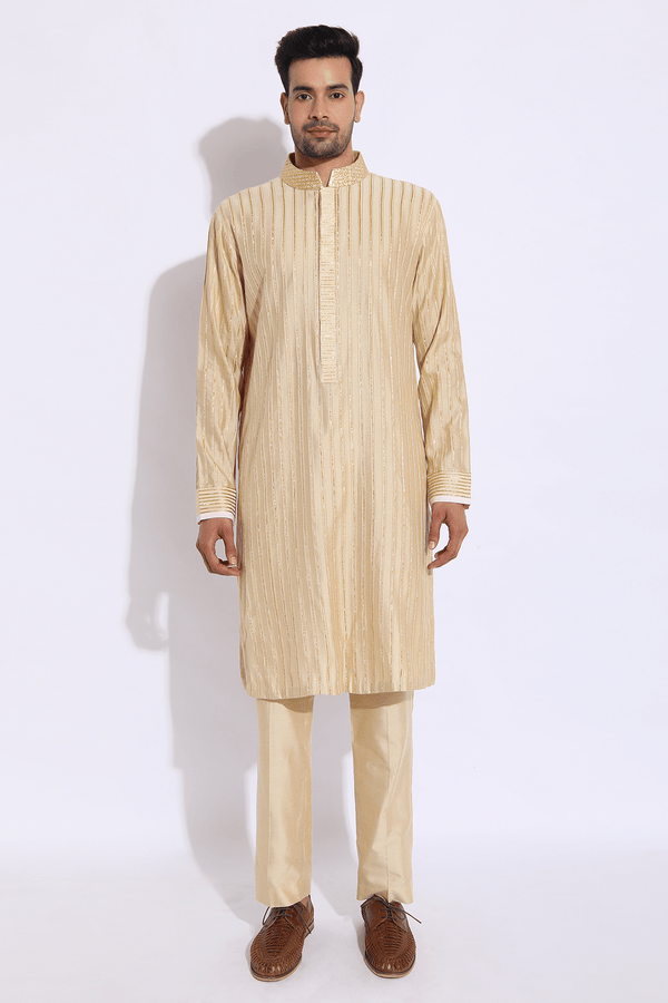 Beige with zari lines Kurta set (Express Delivery) - Kunal Anil Tanna