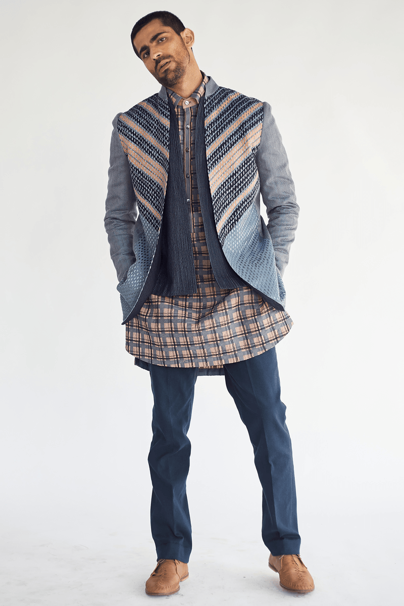 Open Layered Jacket with textured Kurta & Blue Trouser (Express Delivery) - Kunal Anil Tanna