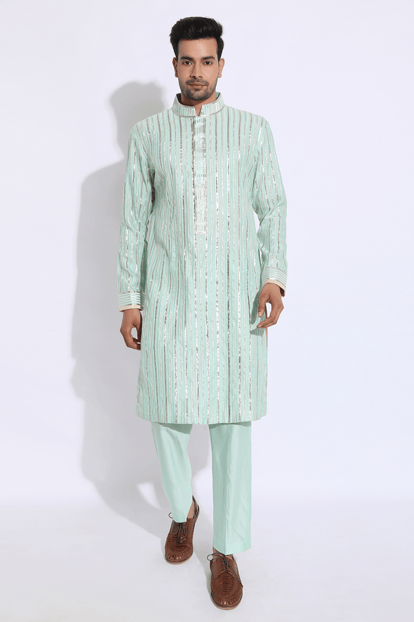Light green with zari lines Kurta set (Express Delivery) - Kunal Anil Tanna