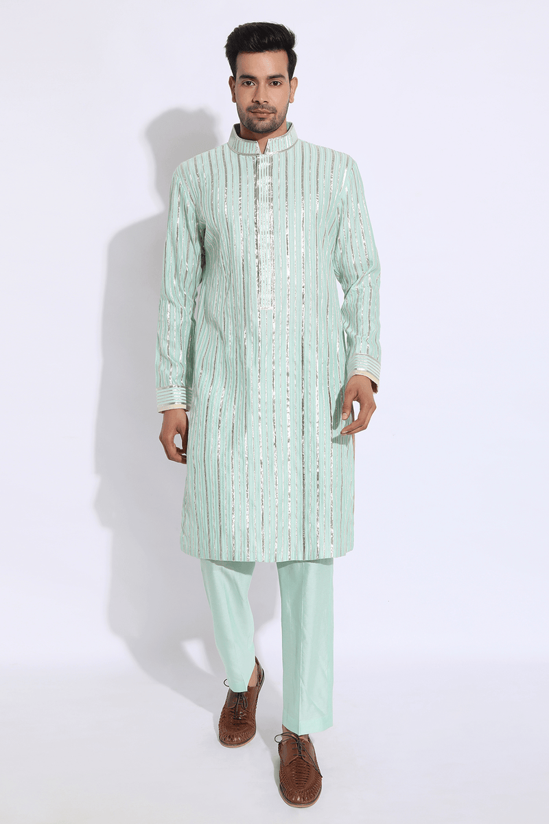 Light green with zari lines Kurta set (Express Delivery) - Kunal Anil Tanna