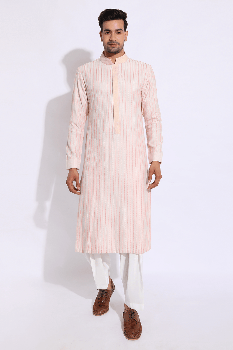 Ivory with pink thread texture kurta set - Kunal Anil Tanna