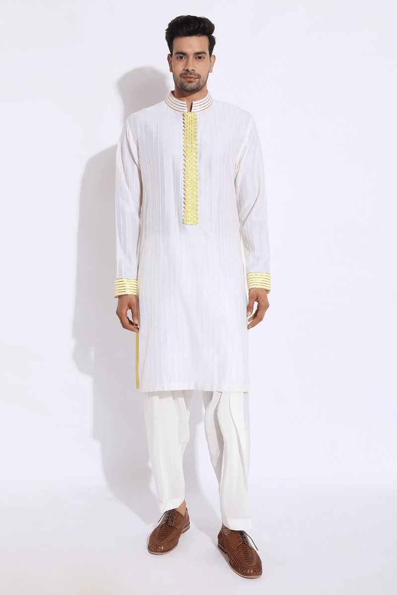 Ivory with Lime Yellow Matting detail Kurta Set - Kunal Anil Tanna