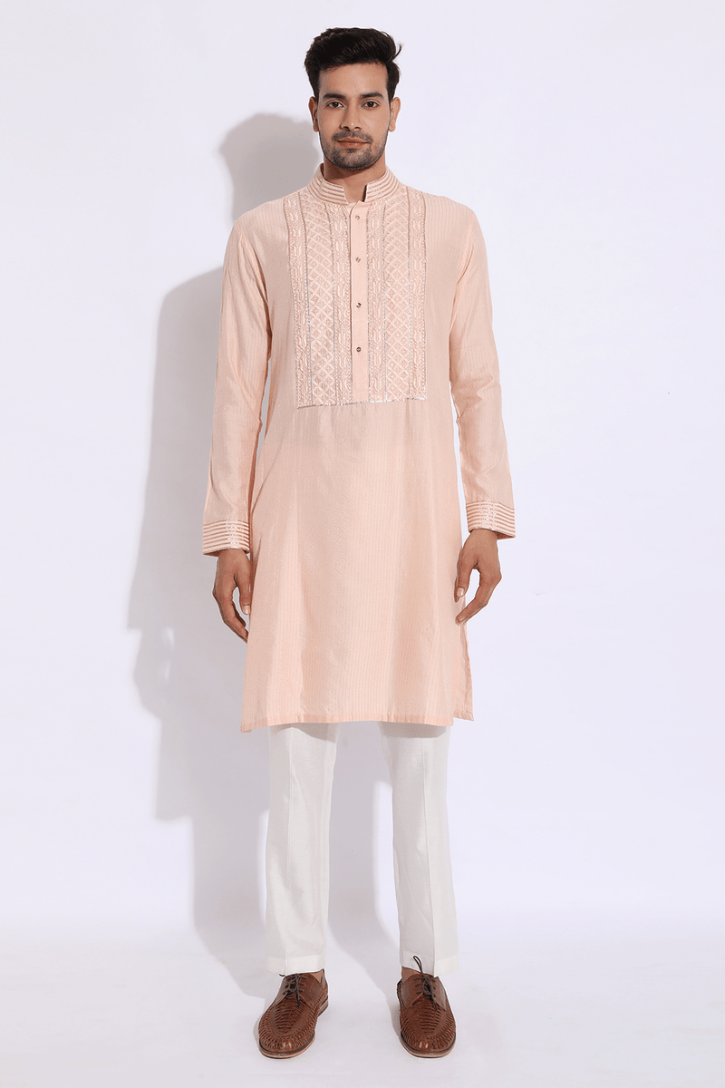 Light peach with thread embroidery Kurta set (Express Delivery) - Kunal Anil Tanna