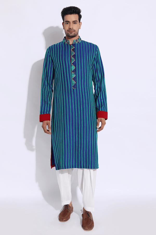 Blue with green texture kurta set (Express Delivery) - Kunal Anil Tanna