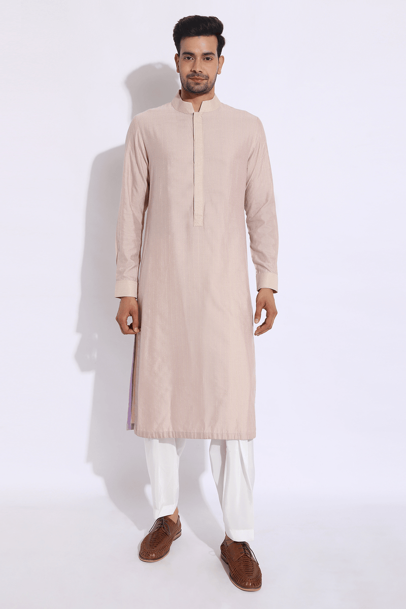 Beige with light lilac thread texture kurta set - Kunal Anil Tanna