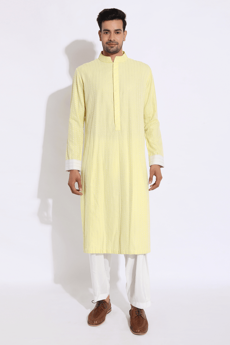 Light yellow with thread texture Kurta Set - Kunal Anil Tanna