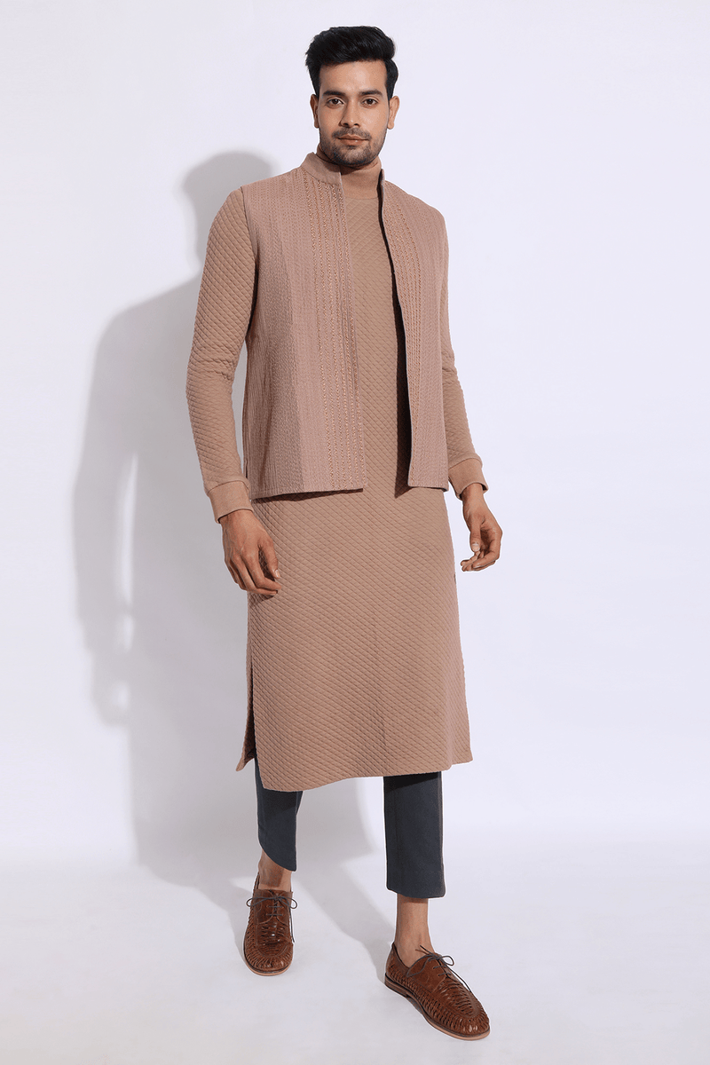 Beige Textured Bandi Jacket with quilted Polo Neck Kurta & Trousers - Kunal Anil Tanna