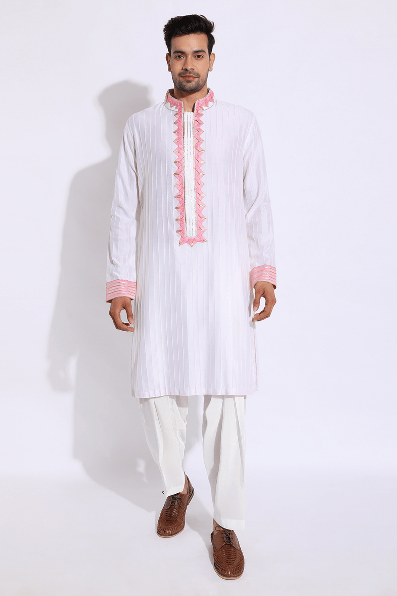 Ivory with pink pleating detail kurta set (Express Delivery) - Kunal Anil Tanna