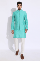 Turquoise blue with gold zari texture bandi kurta set (Express Delivery) - Kunal Anil Tanna