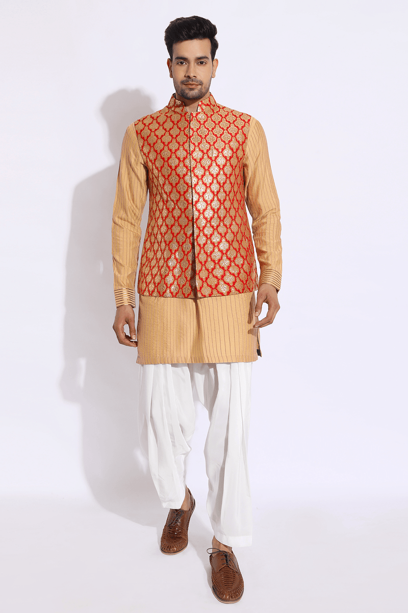 Red brocade bandi jacket with beige kurta set - Kunal Anil Tanna