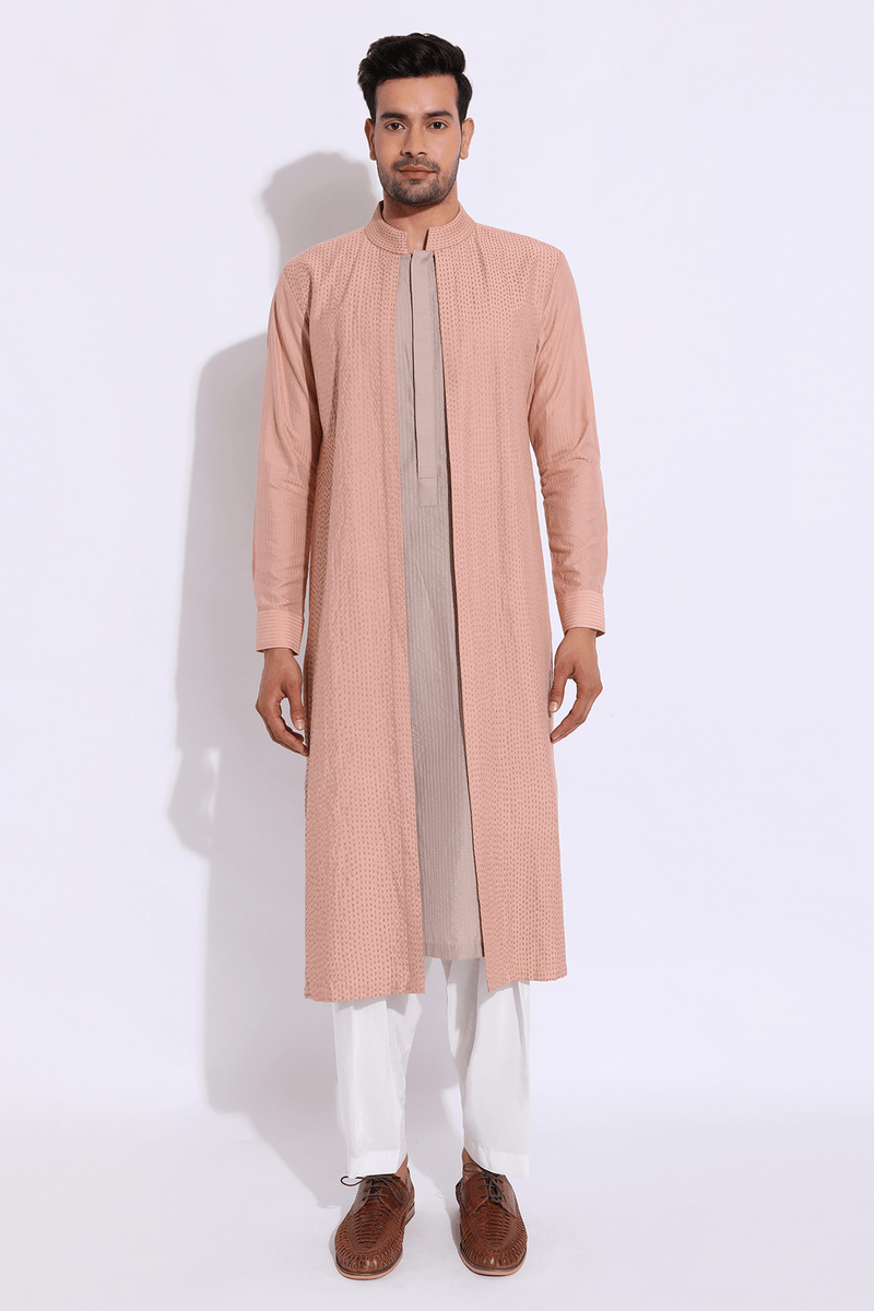 Salmon and grey mock layered kurta set (Express Delivery) - Kunal Anil Tanna