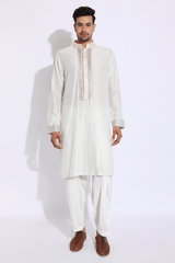 Ivory with blue pleating detail Kurta set (Express Delivery) - Kunal Anil Tanna