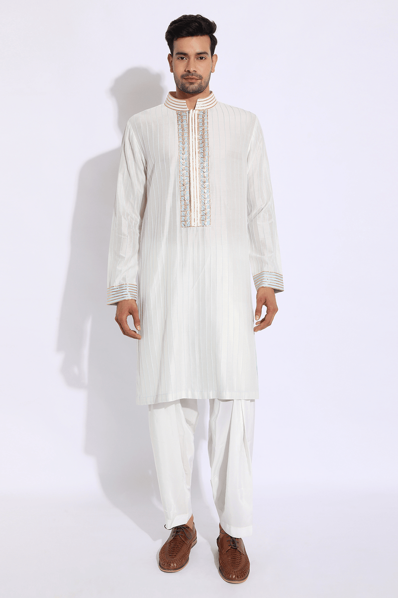 Ivory with blue pleating detail Kurta set (Express Delivery) - Kunal Anil Tanna
