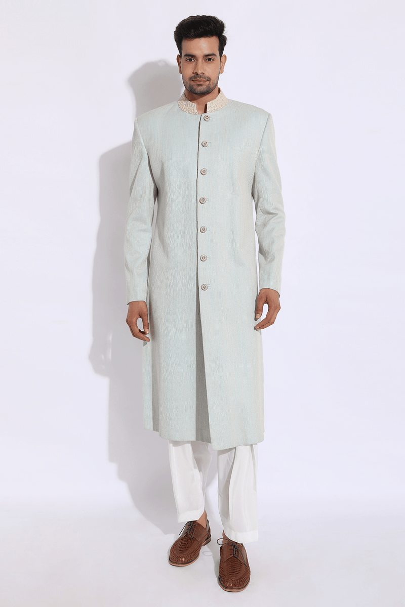 Light Blue with Ivory Thread Texture Sherwani Set (Express Delivery) - Kunal Anil Tanna