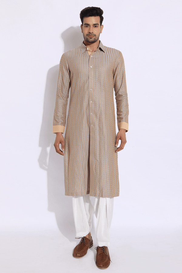 Grey with Beige Thread Texture Kurta Set - Kunal Anil Tanna