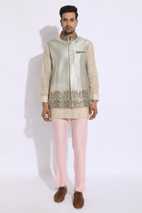 Gold texture with embroidery bandi and ivory kurta with peach aligarhi set (Express Delivery) - Kunal Anil Tanna