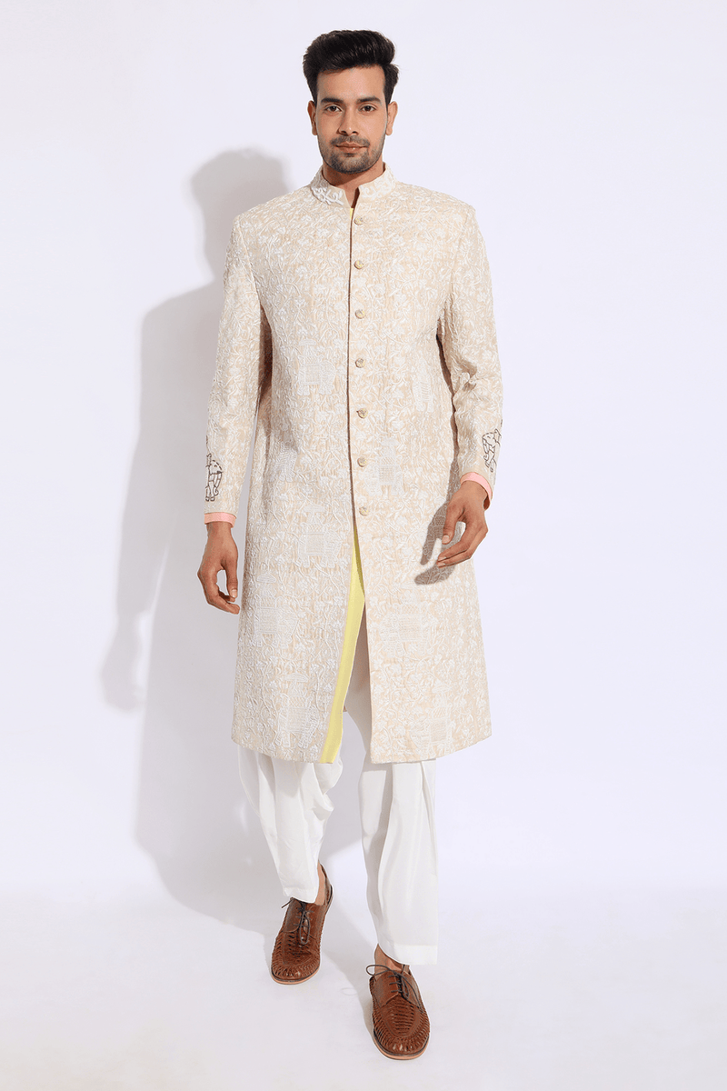 Beige with ivory Embroidery Sherwani Set (Express Delivery) - Kunal Anil Tanna