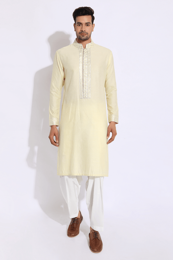 Light Yellow with thread embroidery Kurta set (Express Delivery) - Kunal Anil Tanna
