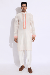 Ivory with Peach and Orange Pleating Detail Kurta Set (Express Delivery) - Kunal Anil Tanna
