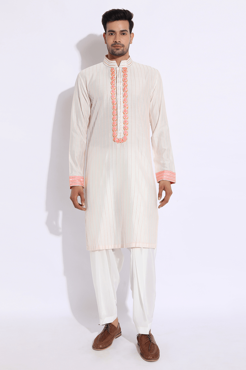 Ivory with Peach and Orange Pleating Detail Kurta Set (Express Delivery) - Kunal Anil Tanna