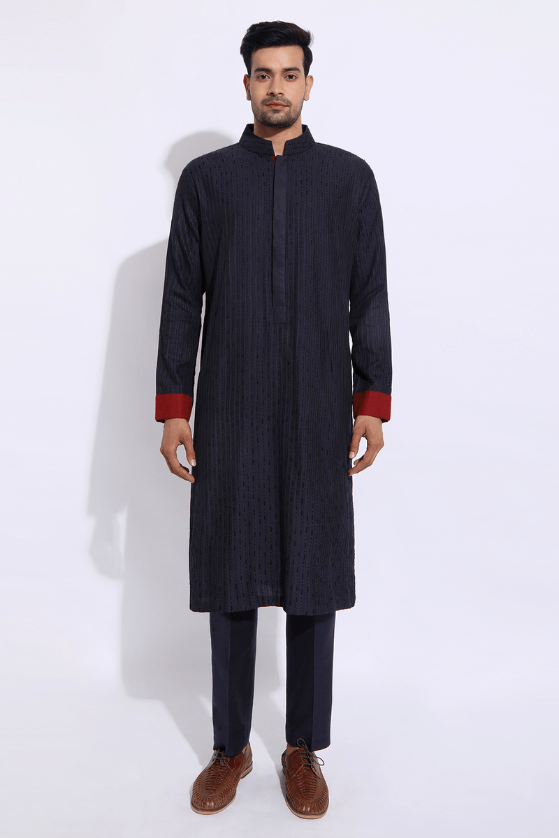 Dark blue with thread texture Kurta Set - Kunal Anil Tanna