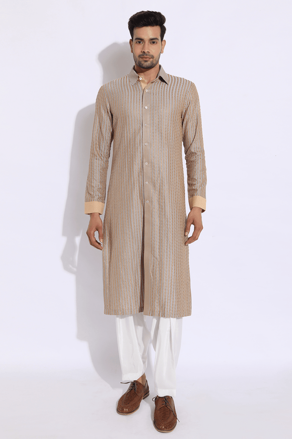 Grey with beige thread texture Kurta Set (Express Delivery) - Kunal Anil Tanna
