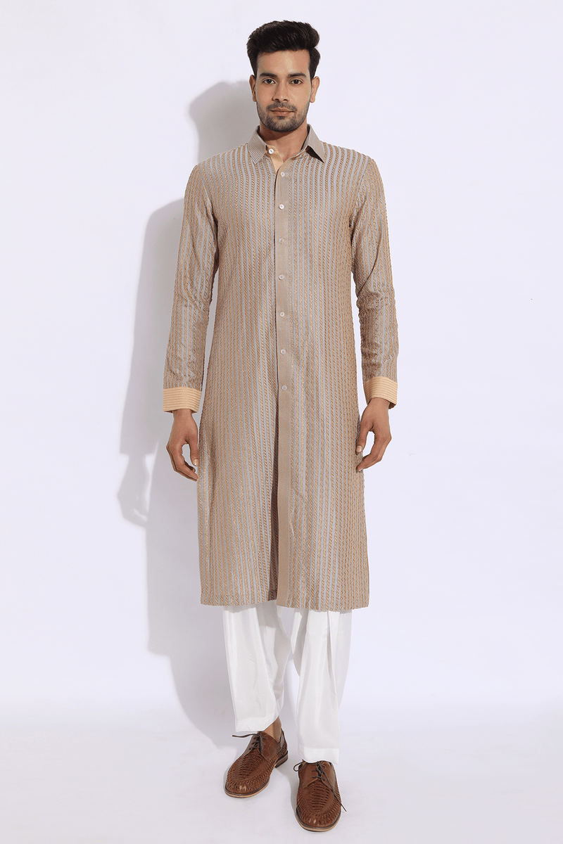 Grey with beige thread texture Kurta Set (Express Delivery) - Kunal Anil Tanna